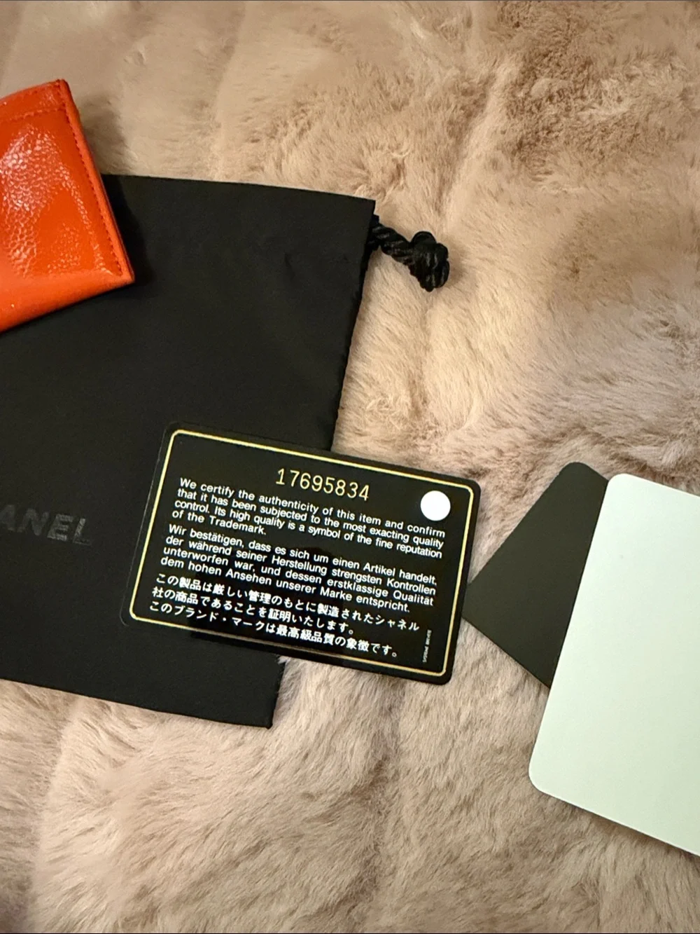 Pristine CHANEL Orange Patent Leather Card Case with Embossed CC and COA